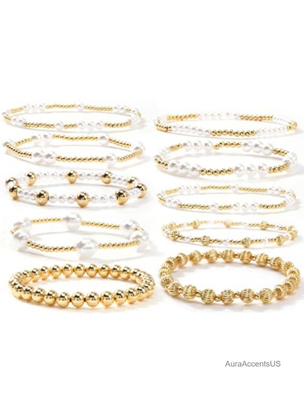 Boho Gold Plated Beaded Pearl Stretch Bracelet Stack Set